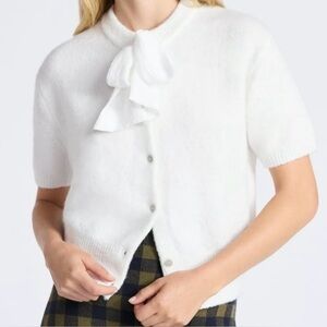 New Free Assembly Women Button-Front Bow Sweater Short Sleeve Size 20 XXL White